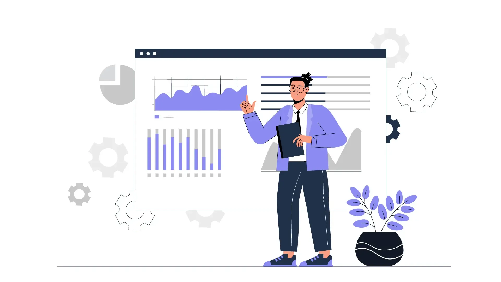 Man Presenting Browser Statistics 2D Flat Illustration